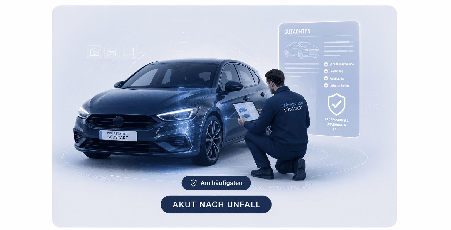 Gutachter prüft den Unfallschaden an einem Fahrzeug.