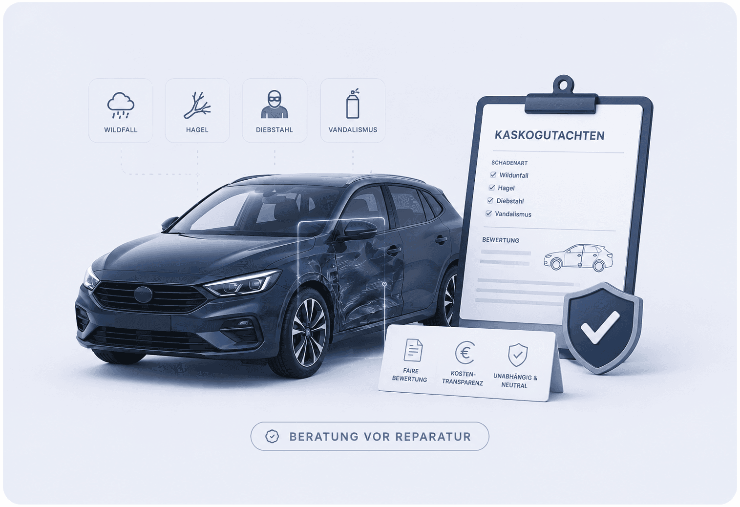 Illustration: Kaskogutachten mit Fahrzeug und Checkliste.