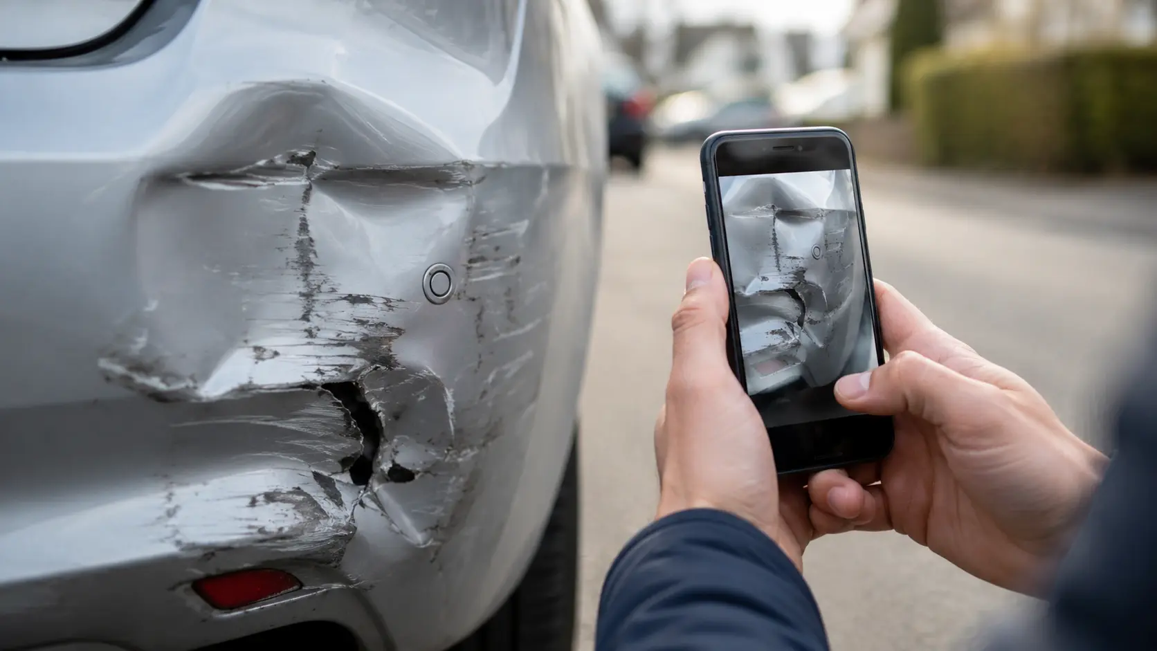 Person fotografiert Unfallschaden am Fahrzeug mit Smartphone