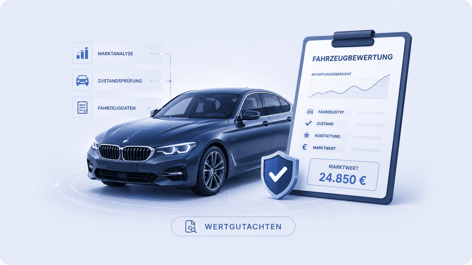 Illustration: Fahrzeugbewertung mit Marktwert und Bewertungsübersicht.