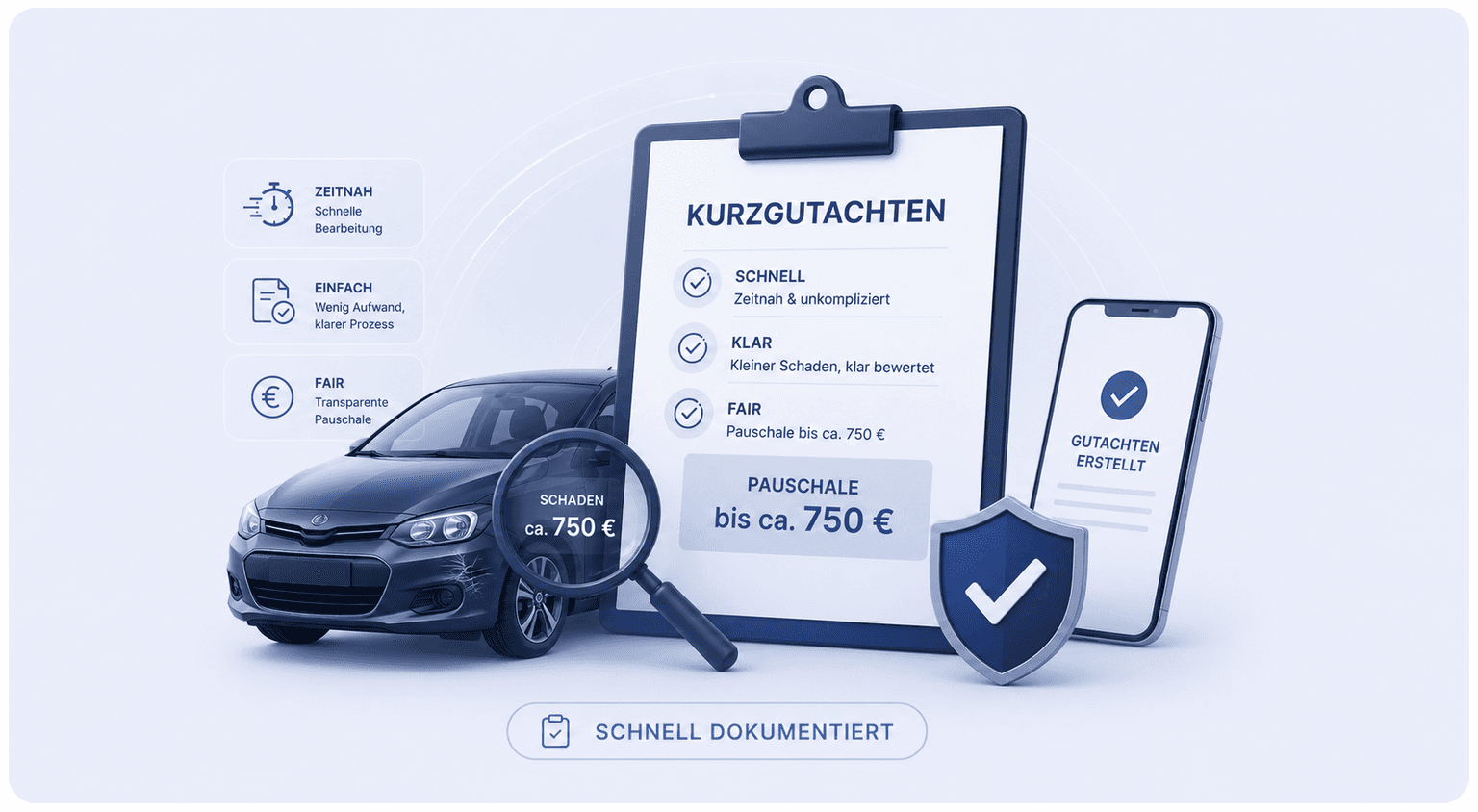 Illustration: Kurzgutachten mit Tablet und Hinweis auf Bagatellschaden.