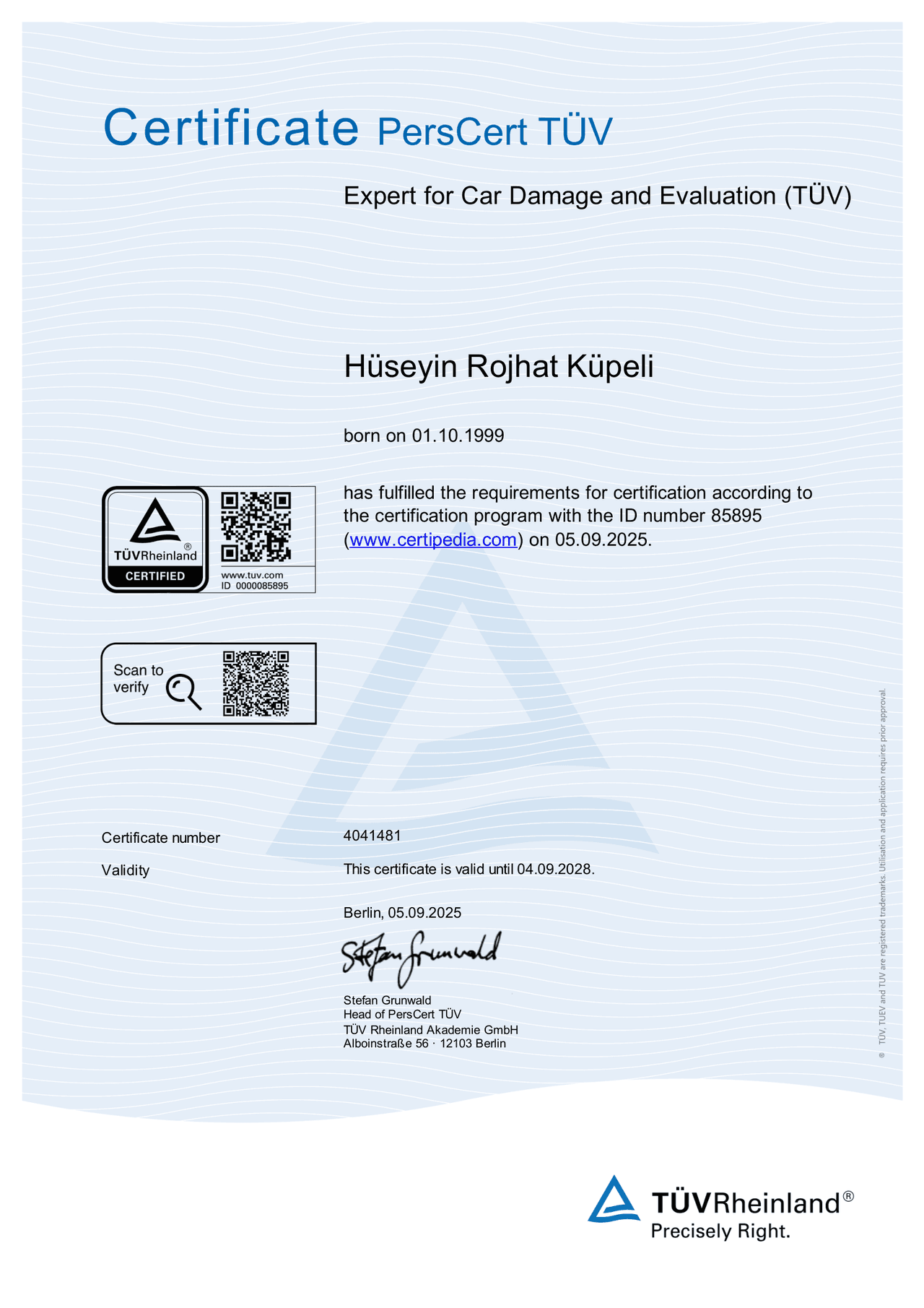 TÜV Rheinland Zertifikat von Rojhat Küpeli, Zertifizierungs-Nr. 4041481