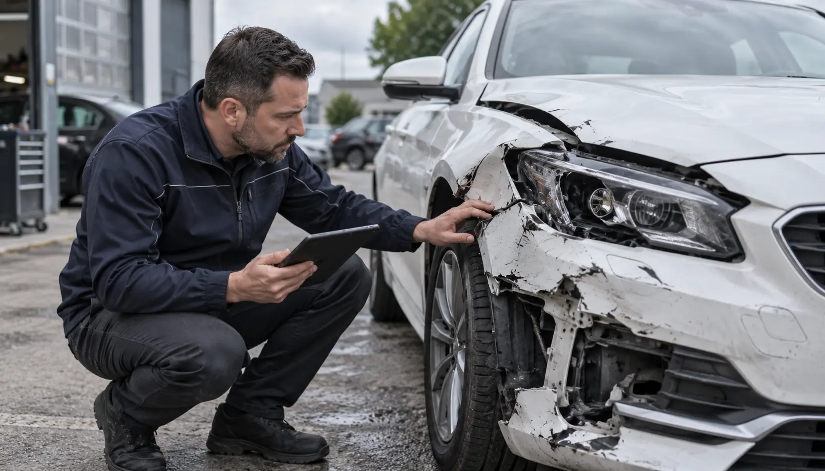 Kfz-Sachverständiger prüft mit Tablet die beschädigte Fahrzeugfront eines weißen Fahrzeugs