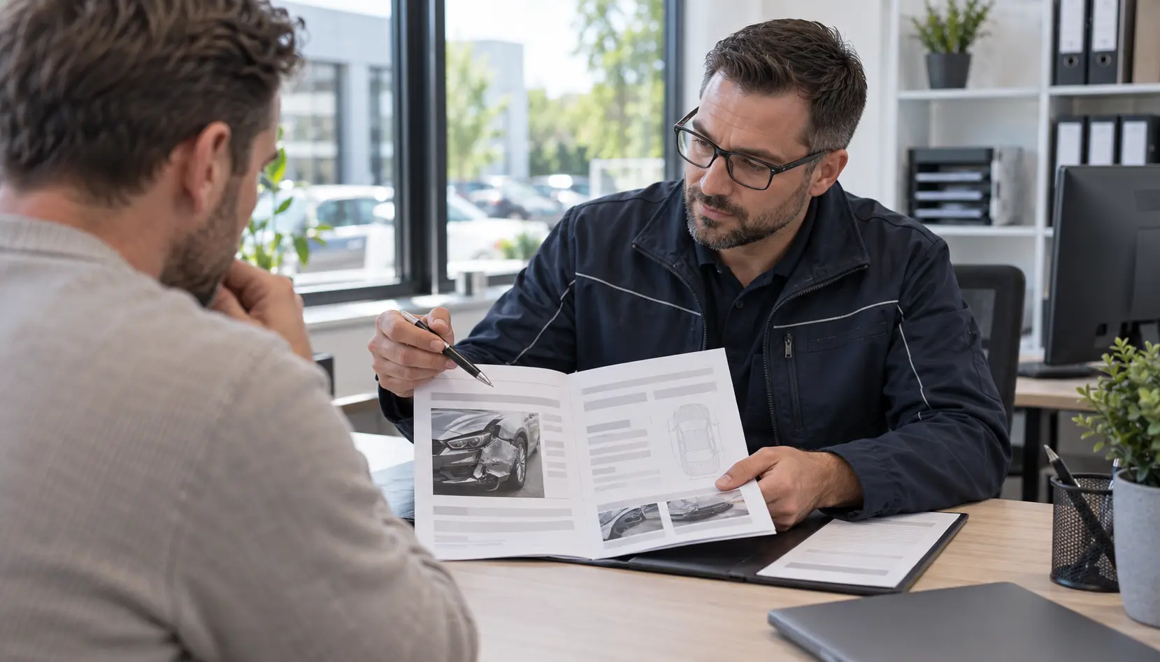 Sachverständiger erklärt einem Kunden das Gutachten mit Schadenfotos am Schreibtisch